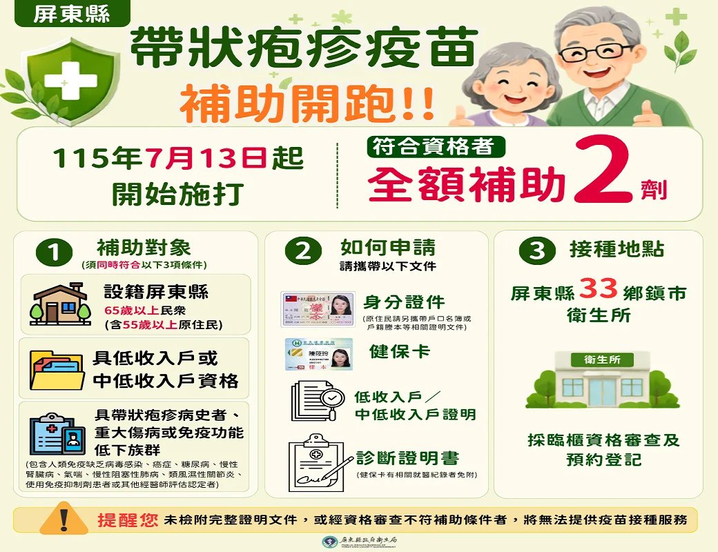 屏東縣免費皮蛇疫苗7/13開打!3大資格一次看,弱勢長者快預約