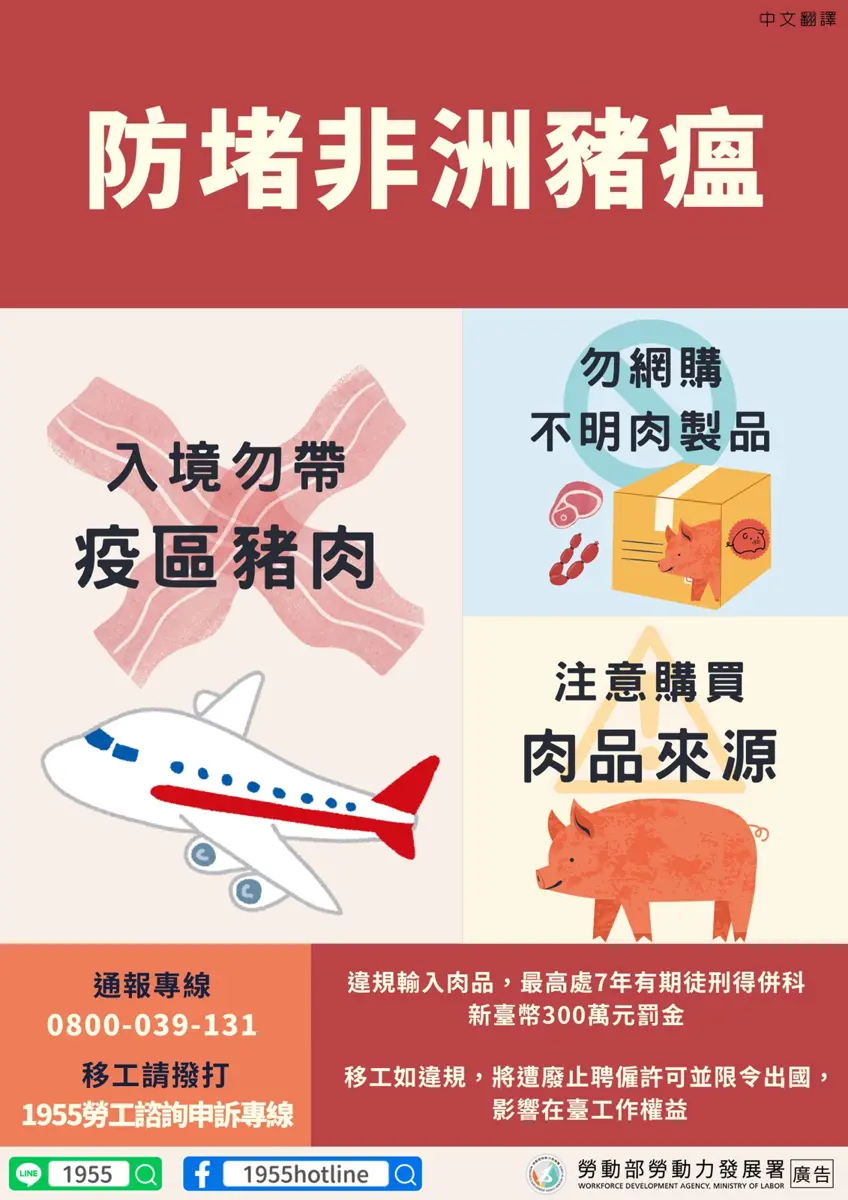 千萬別帶!北市勞動局籲4萬移工防堵非洲豬瘟,違規攜肉品入境最高罰100萬