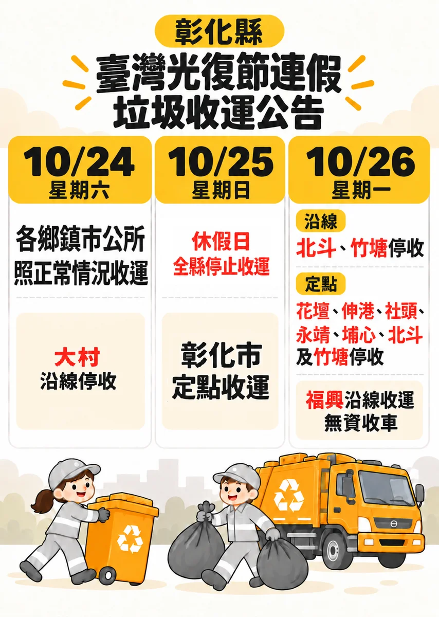 2026光復節連假彰化垃圾怎麼倒?26鄉鎮市清運時間、停收調整懶人包