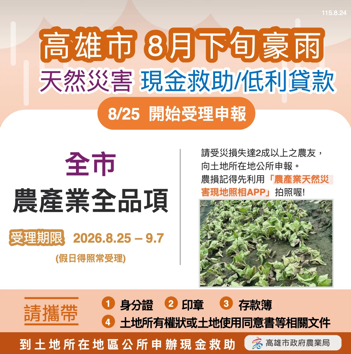 高雄豪雨農損救助大公開！8/25起全品項開放申請