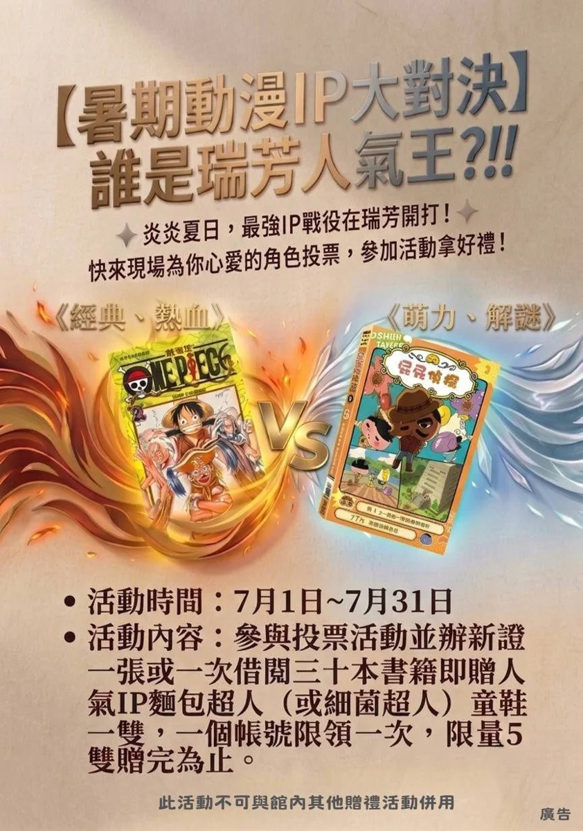 【瑞芳區】暑期動漫IP大對決!圖書館投票借書送麵包超人童鞋