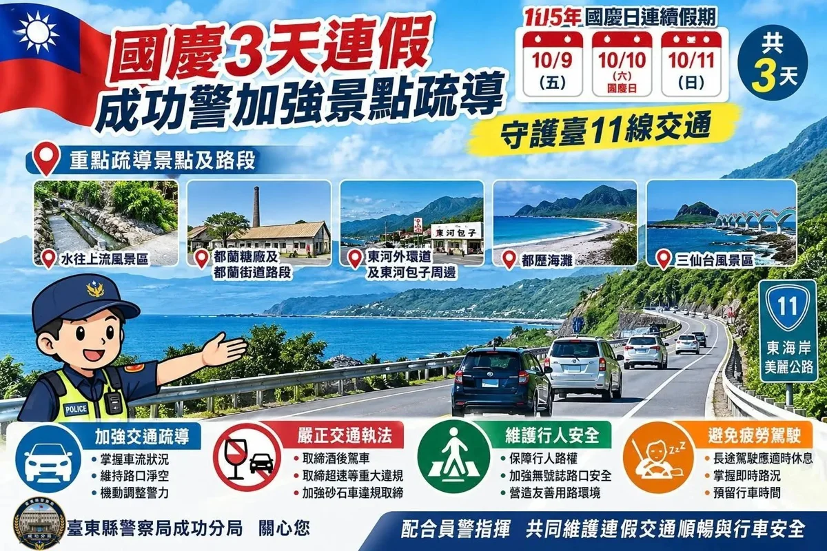 國慶連假遊臺東必看!成功警鎖定5大熱點加強疏導,嚴守臺11線交通
