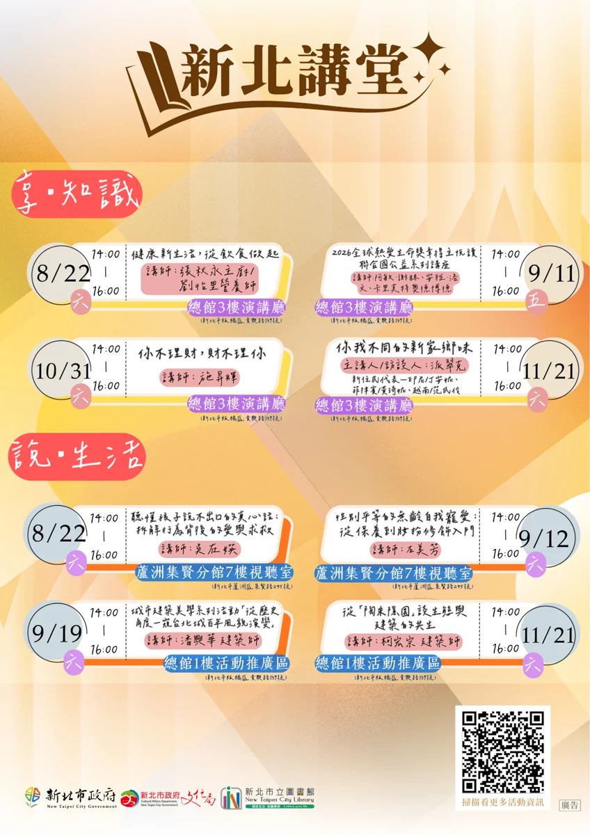 2026最新!新北講堂三大系列講座開跑,生活、理財、美學報名中