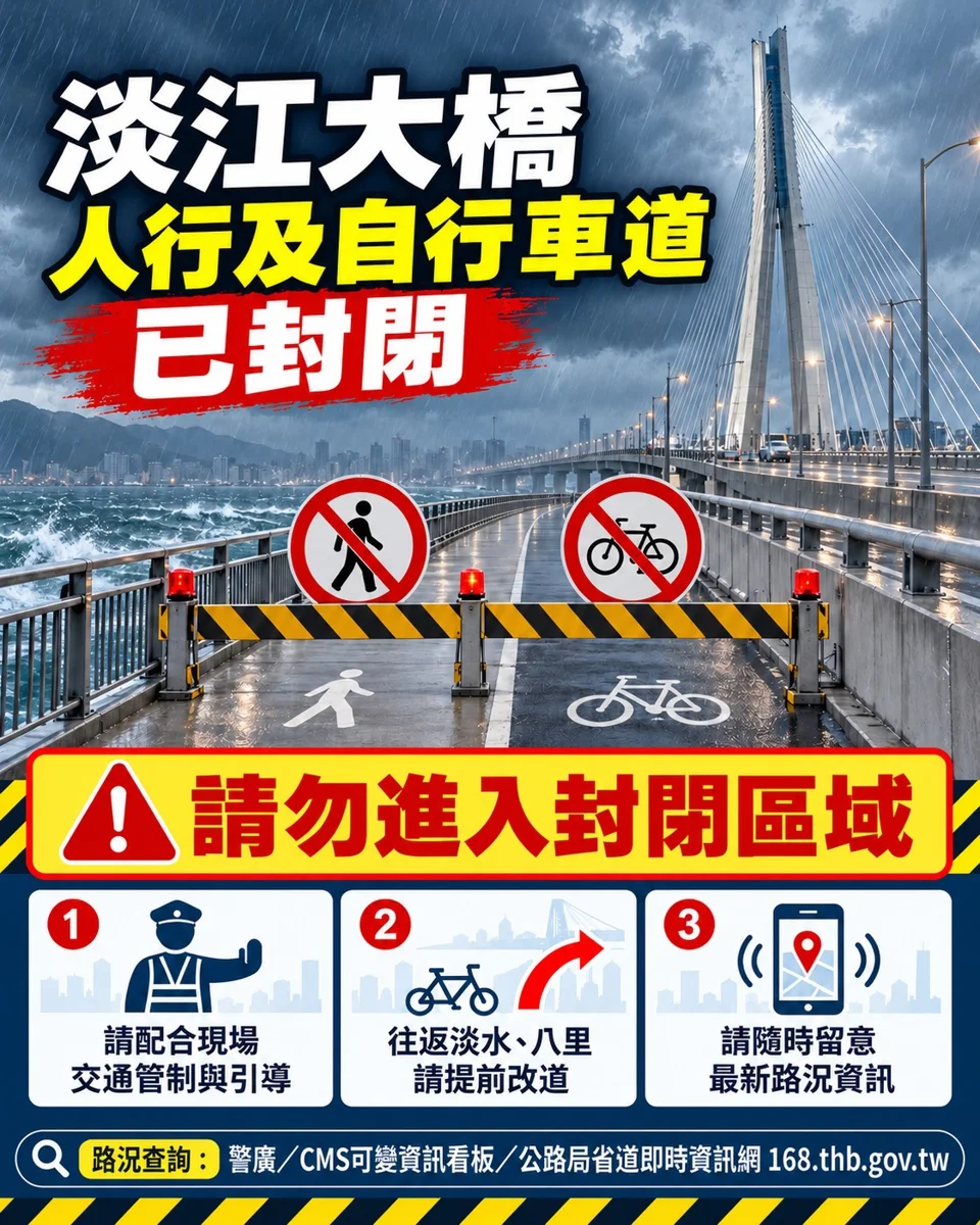 薔琵颱風強風來襲!淡江大橋人行及自行車道今晚21時起封閉