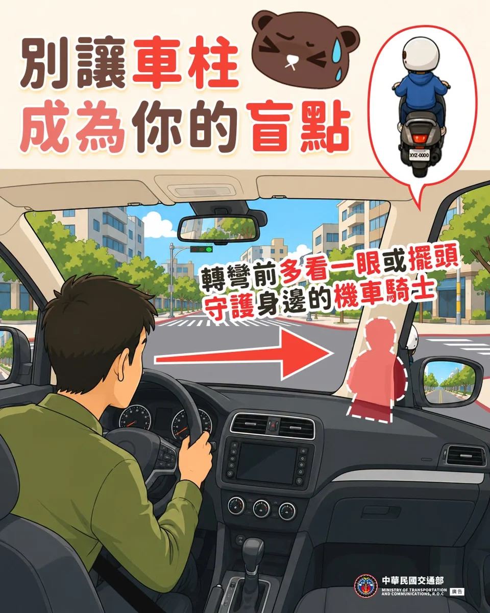 駕駛必看！轉彎前「多這一個動作」，有效防範機車視線死角