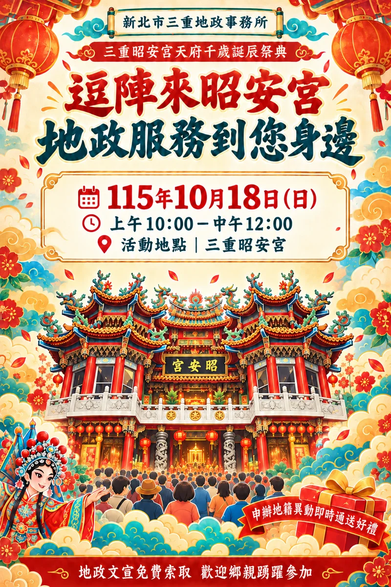 三重人注意!10/18昭安宮祭典免費地政諮詢 申辦「這服務」再送好禮