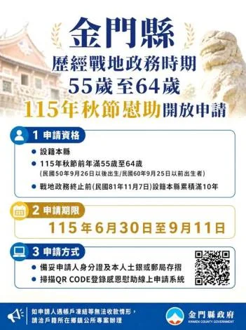 金門縣秋節慰助金1.2萬6/30起線上申請！發放資格、期限一次看