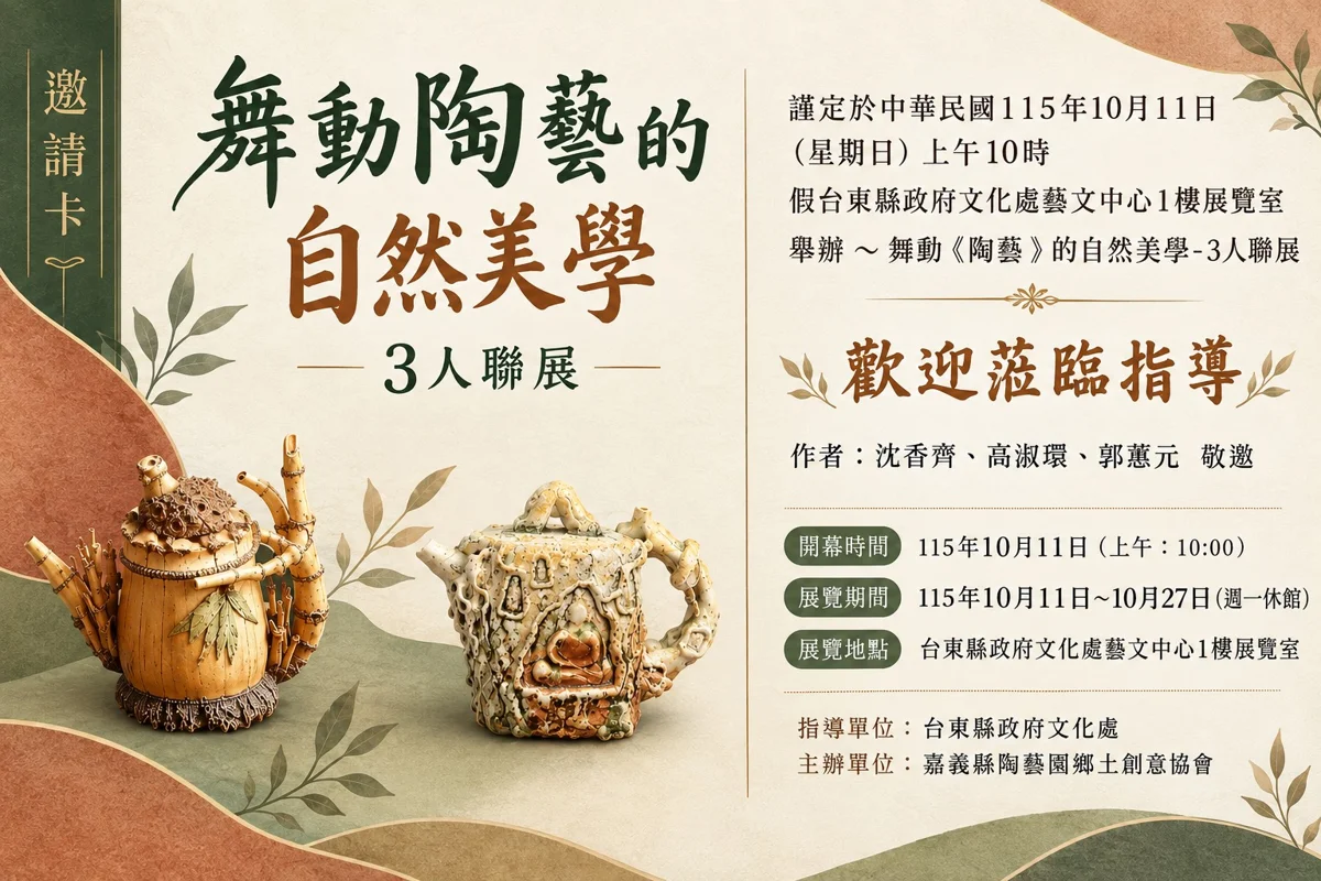 [2026最新] 不用模具的職人堅持！嘉義3大陶藝家聯展 10/9台東藝文中心登場
