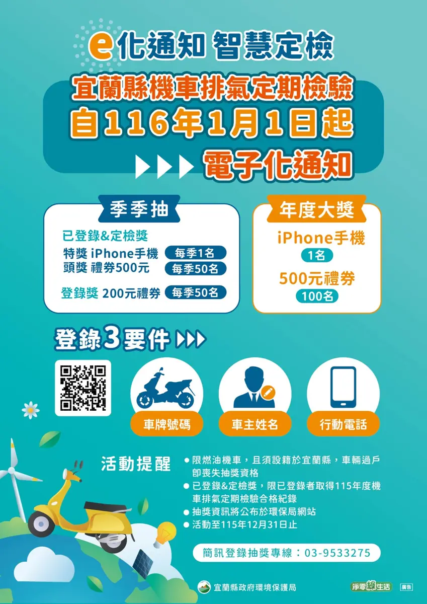 宜蘭人快看!不是詐騙,機車定檢簡訊通知中獎,iPhone、禮券等你拿