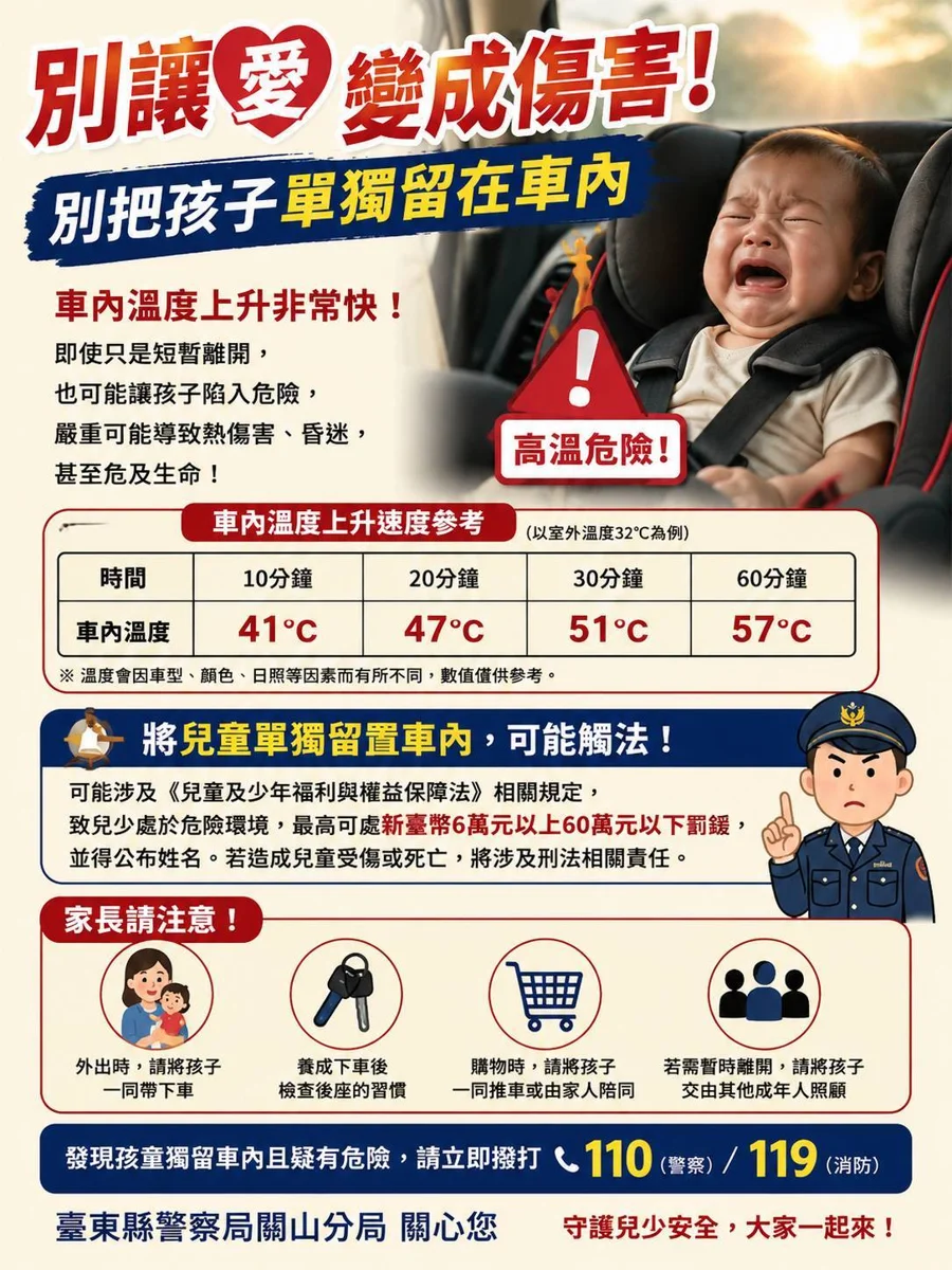 嬰兒獨留車內爆哭!關山警獲報約談粗心家長 籲勿將孩童留車內