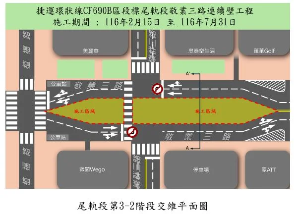 環狀線北環段施工!8月11日起敬業三路圍籬移至中央,禁止左轉樂群三路