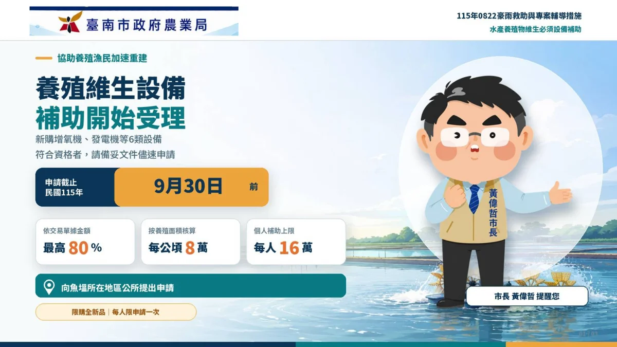 最高補助16萬!台南受災漁民快看,6大養殖設備補助9/30截止