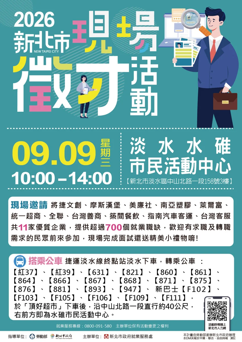 釋出逾700職缺!2026新北聯合徵才9/9淡水登場 求職者把握機會