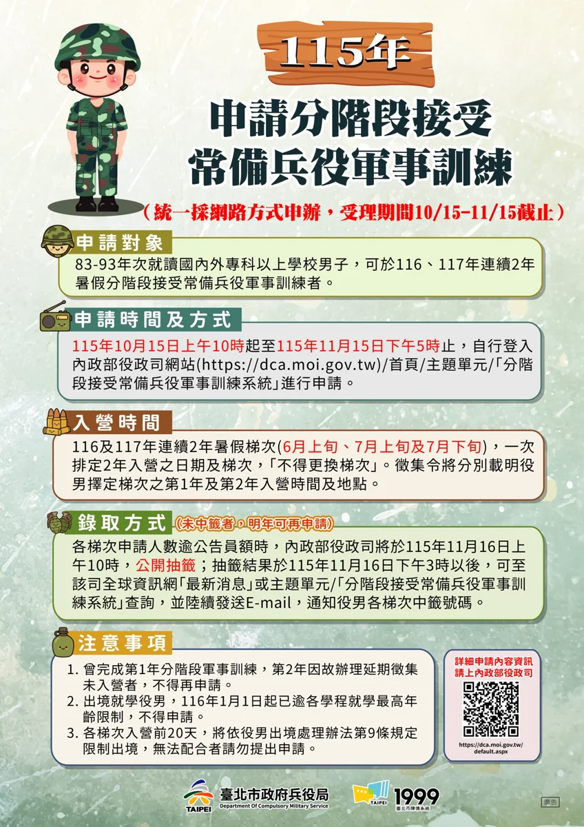 大學生必看!2026最新「暑期分階段軍事訓練」10/15起開放報名 3大梯次名額大公開