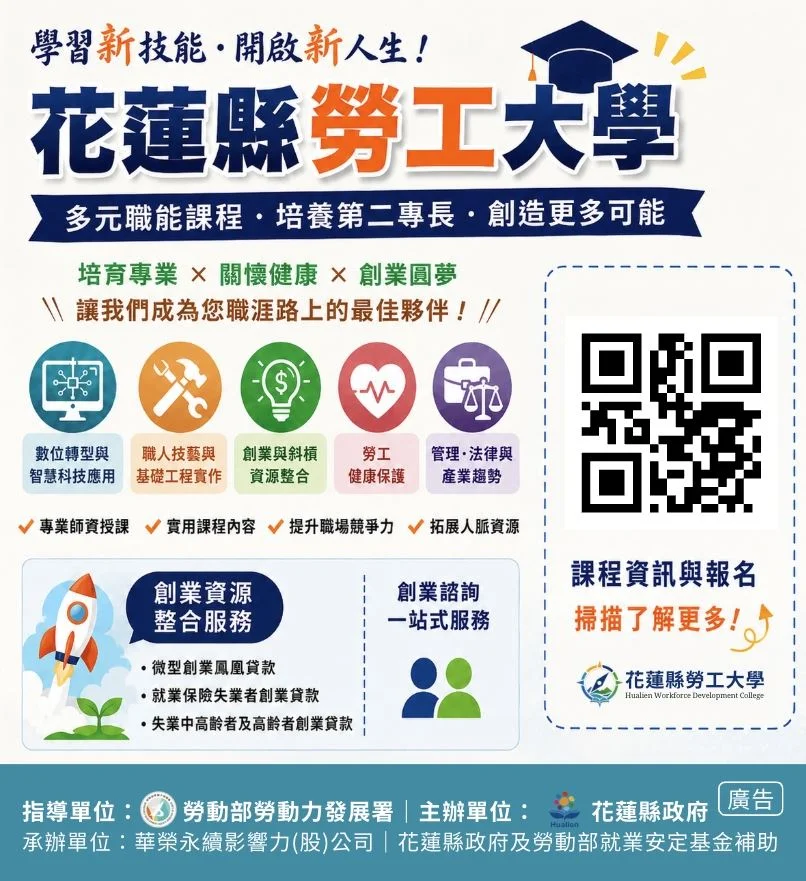 2026最新！花蓮勞工大學百場免費課程7月26日起開放報名，5大實用技能快來學