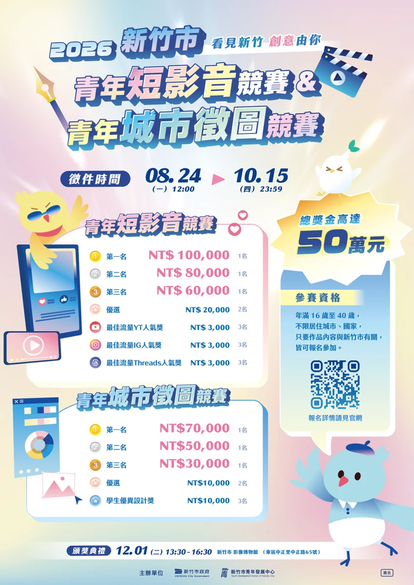 總獎金達50萬!新竹市青年短影音與徵圖競賽8/24起開放報名