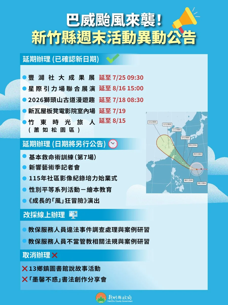【防颱快訊】巴威颱風逼近!新竹縣週末活動異動懶人包一次看