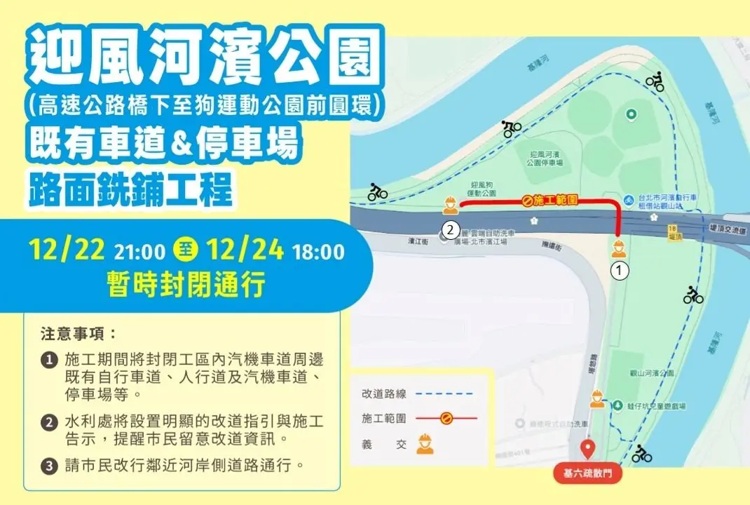 松山人注意!迎風河濱公園明晚起封路45小時 汽機車、單車全禁行