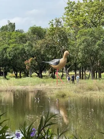 官田秘境新亮點!「紅色高腳鳥」現身大隆田,巨大竹編藝術《躼跤紅跤痕》致敬生態奇蹟