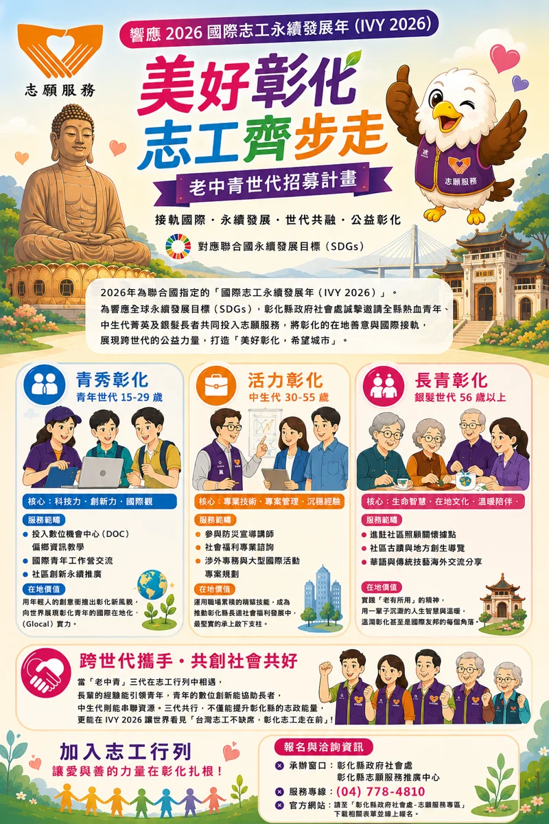 響應國際志工年!彰化縣啟動「老中青世代」志工招募 邀鄉親齊步走
