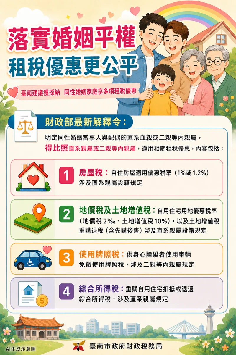 同婚家庭福音!台南市府成功爭取 財政部放寬「房屋稅自住優惠」
