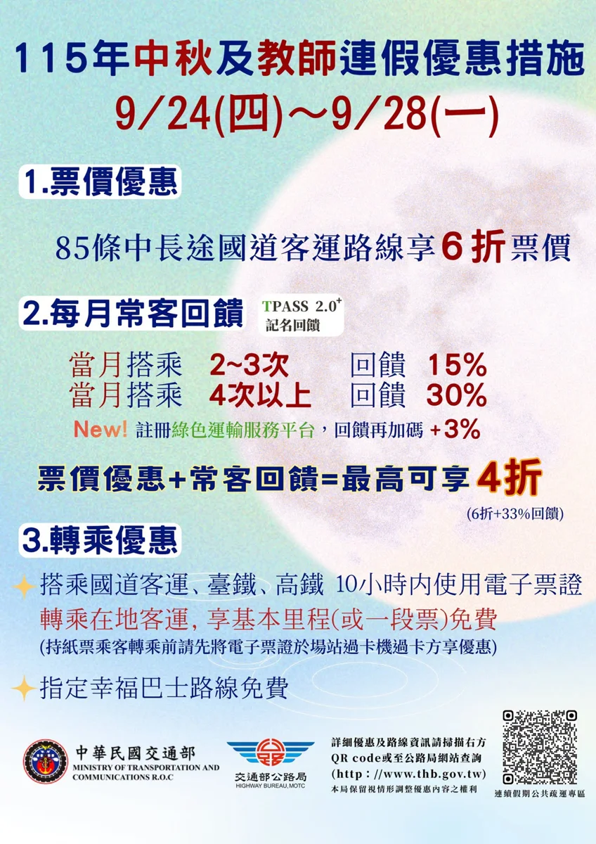 中秋教師連假出遊省荷包!國道客運下殺6折 轉乘再享免費