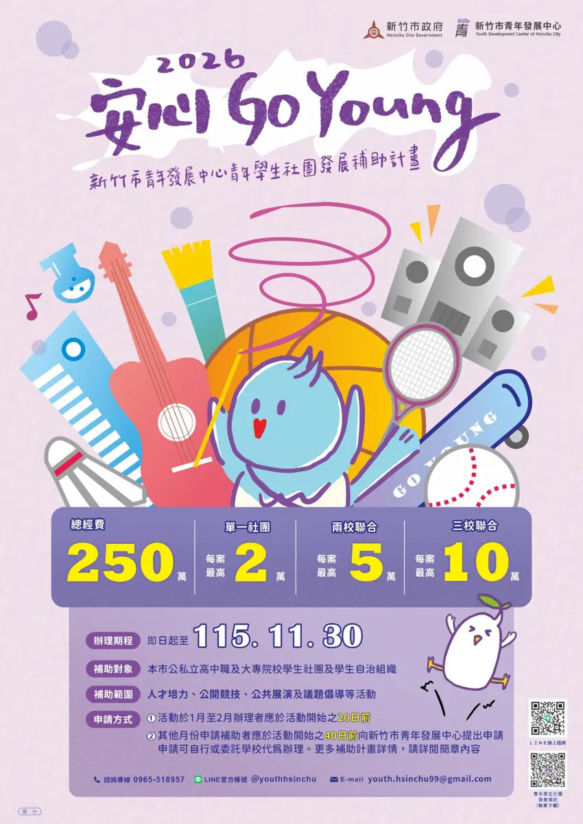 竹市青年社團注意!250萬補助來了「安心Go Young」計畫即日開跑,最高領10萬