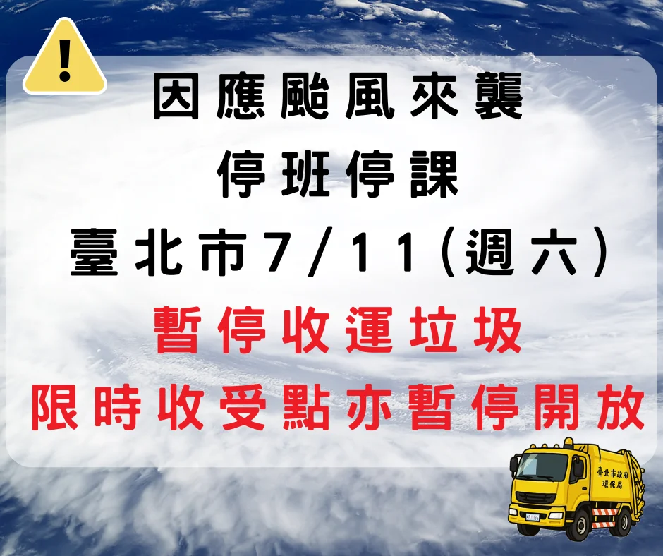 巴威颱風來襲!臺北市7/11停班停課,垃圾清運、限時收受點全面暫停
