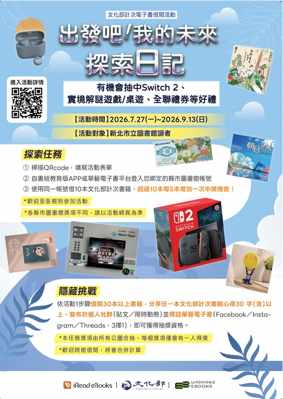 借閱電子書就能抽Switch 2!新北圖書館轉知華藝「未來探索日記」活動開跑