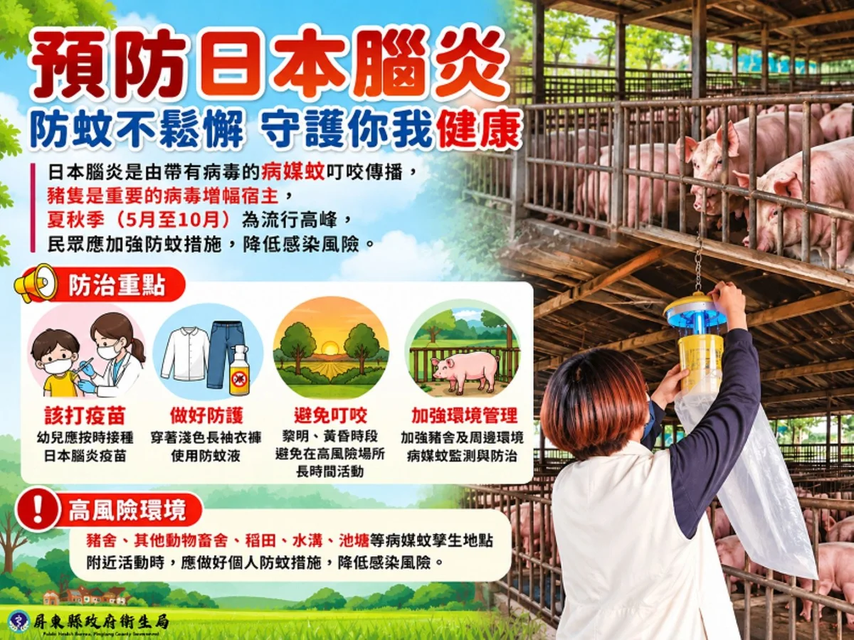 屏東市爆今年首例日本腦炎!6旬婦發燒嘔吐住院 衛生局急掛誘蚊燈防堵