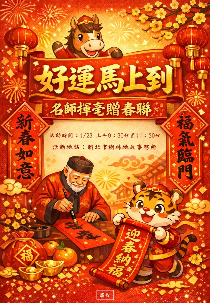 樹林人快衝!地政事務所1/23限時送「總統府特優名師」手寫春聯