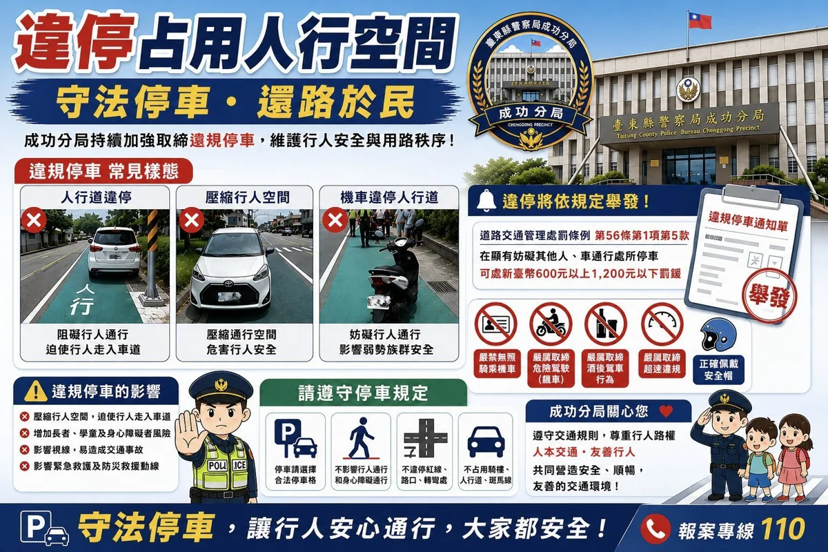 違停佔用人行道逼人車爭道!成功警鎖定「3大熱點」加強取締