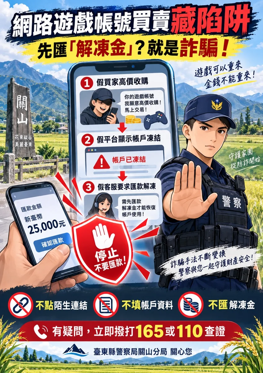 賣手遊帳號險噴2.5萬！關山警識破「這招」成功保住民眾荷包