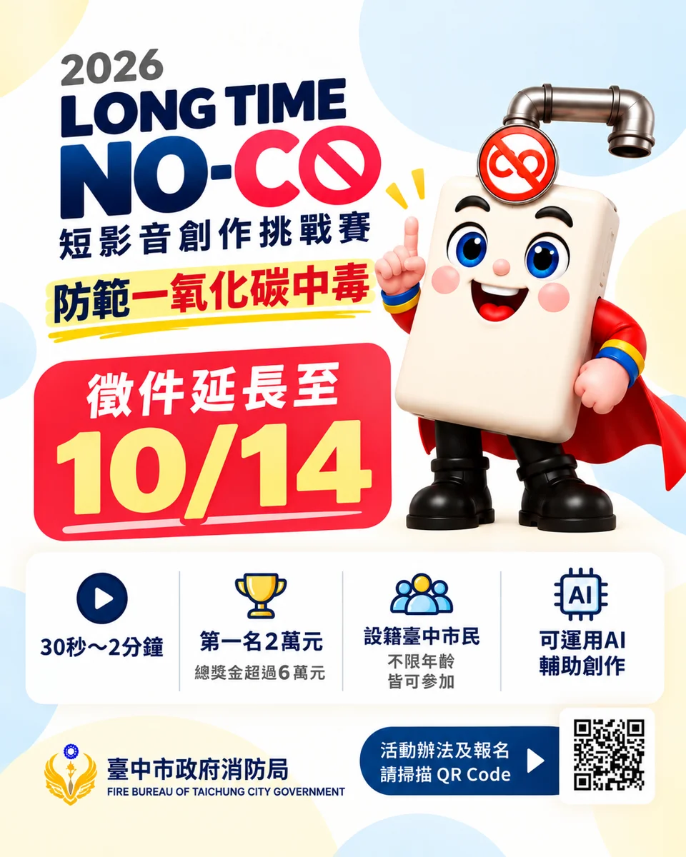 拍影片爽拿2萬!中市消防局「防範一氧化碳」短影音賽延長徵件至10/14