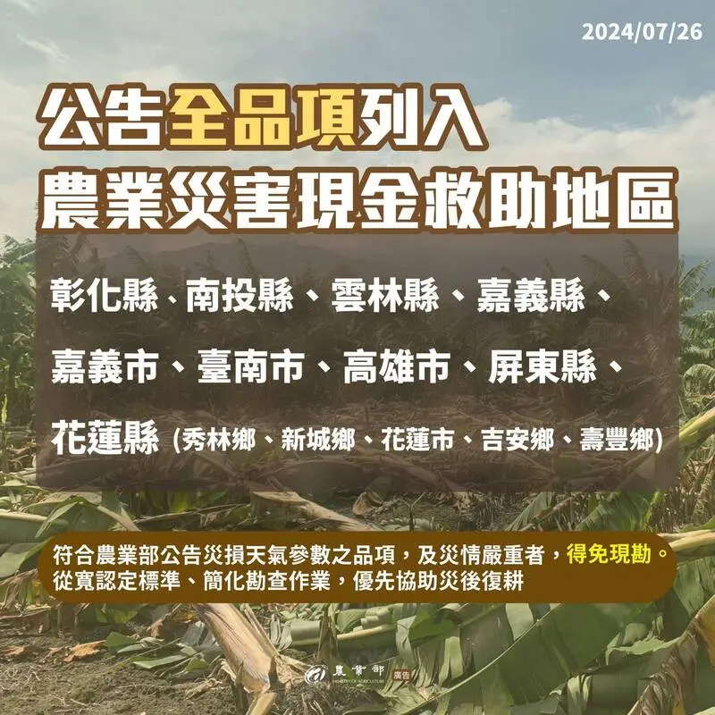 【多項農業救助措施整理】彰化以南及花蓮5鄉鎮嚴重區域 農業部宣布全品項免現勘!