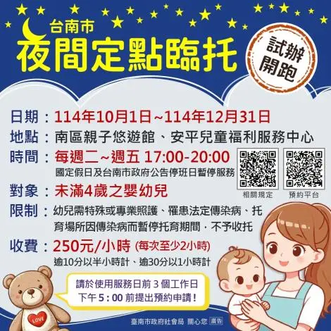 台南爸媽福音!夜間臨托10月開辦,南區、安平2據點先行、收費方式一次看