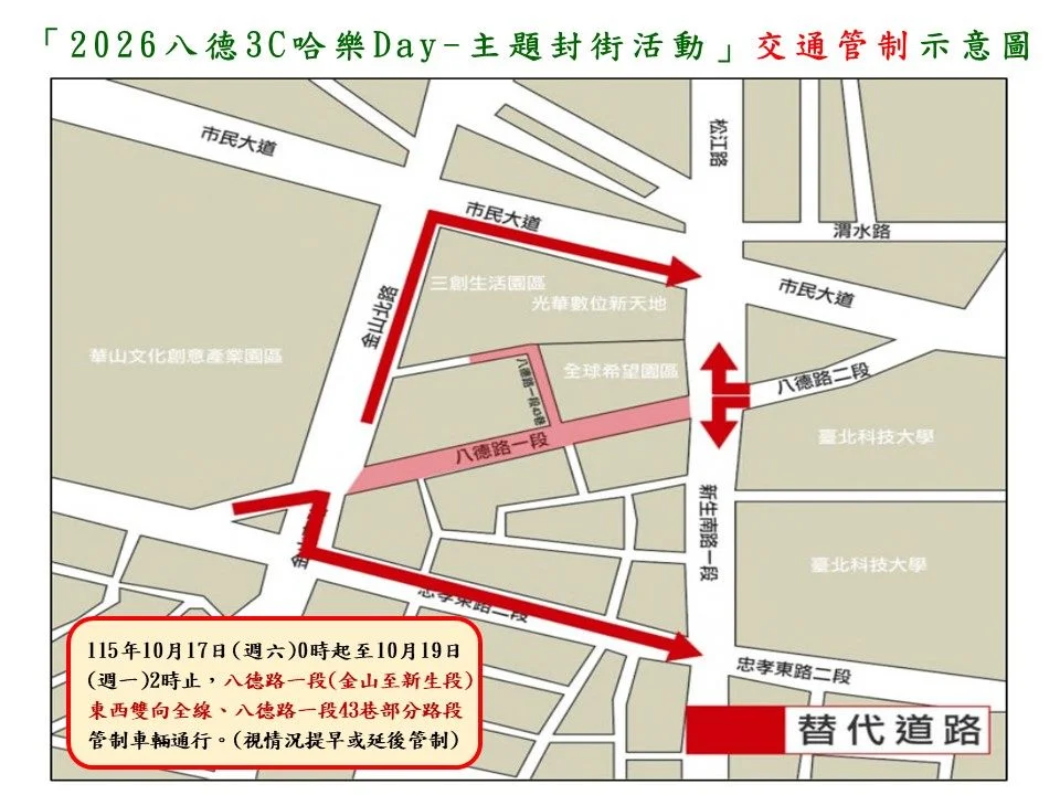 週末出門必看!中正區八德路一段封街辦「2026八德3C哈樂Day」 10/17起交管懶人包