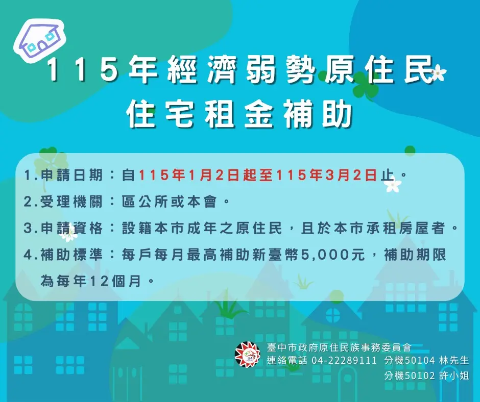 台中原民租屋補助來了!每月5千元助安居 2026年1月2日開放申請