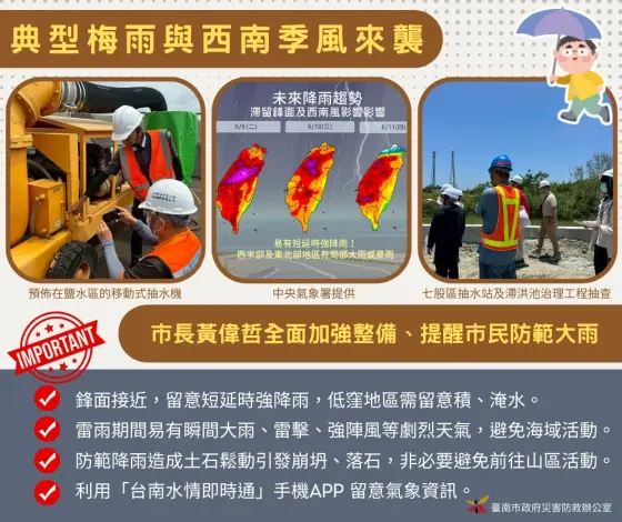 梅雨鋒面挾豪雨來襲!黃偉哲坐鎮下令 臺南市府籲民防範劇烈雷雨