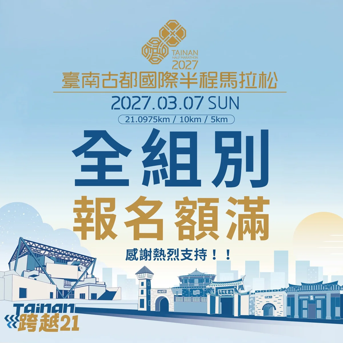 2.5萬名額秒殺!2027臺南古都半馬報名全數額滿