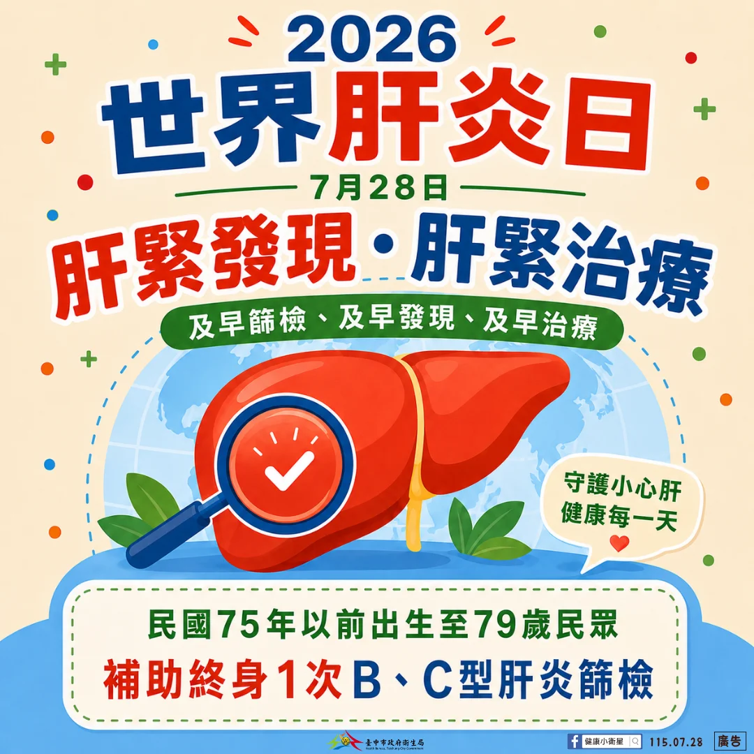 【世界肝炎日】台中擴大B、C肝免費篩檢！79歲以下帶健保卡即享終身1次