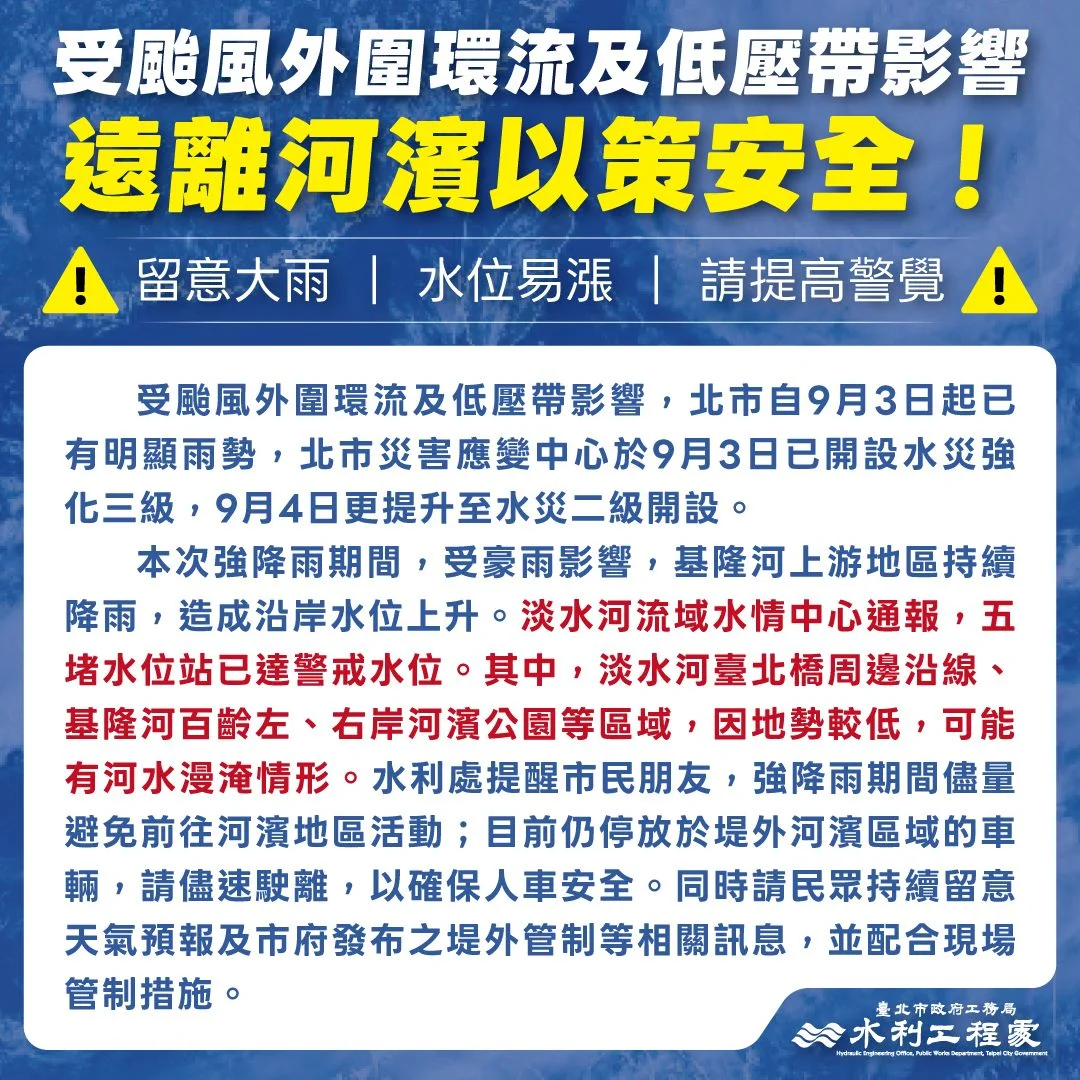 科羅旺颱風帶來強降雨!北市災害應變中心二級開設,堤外車輛請儘速駛離