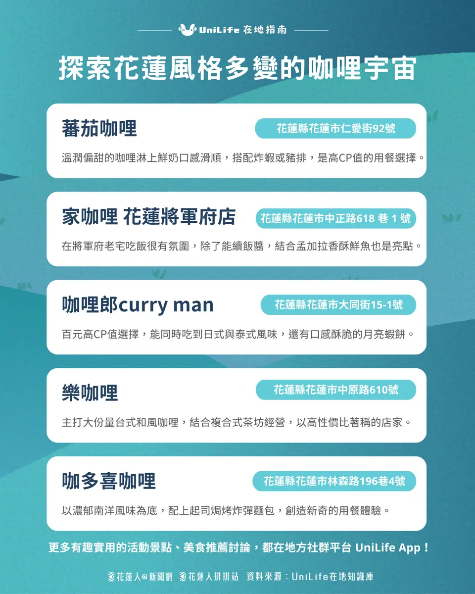 一份涵蓋多種風格的「花蓮咖哩光譜」🗺️