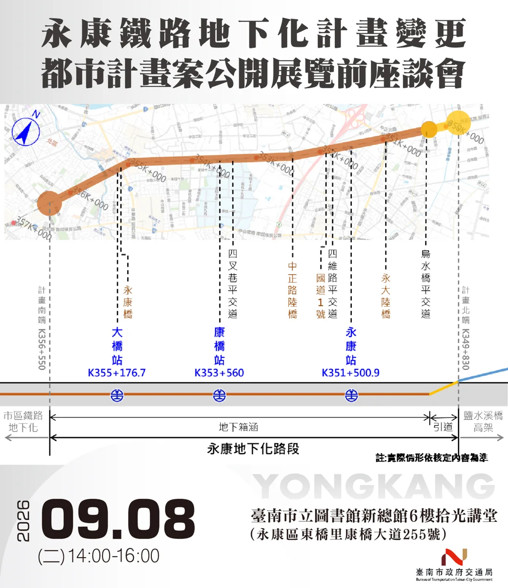 永康鐵路地下化進度大躍進!南市府9/8辦座談會邀民眾發聲