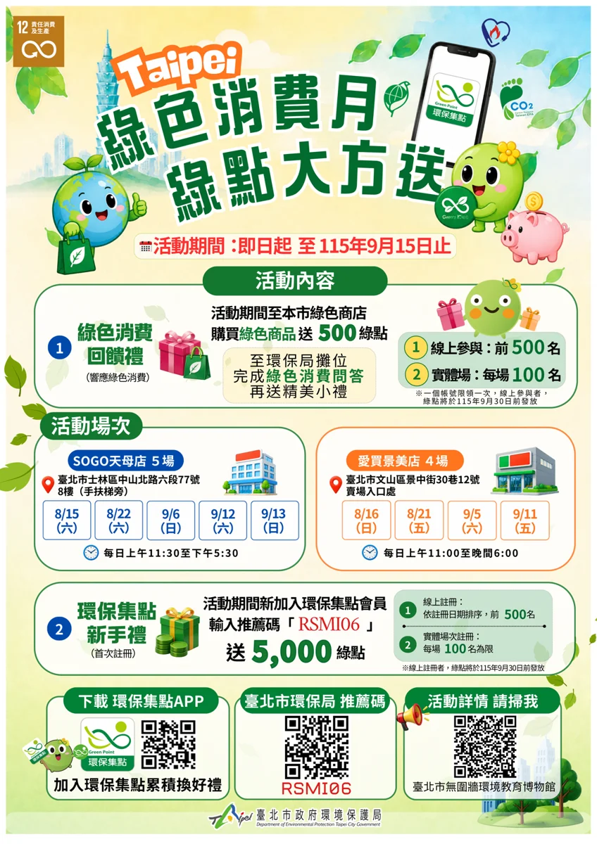 台北市「綠色消費月」8/14開跑!新會員下載App輸入代碼免費拿5000綠點