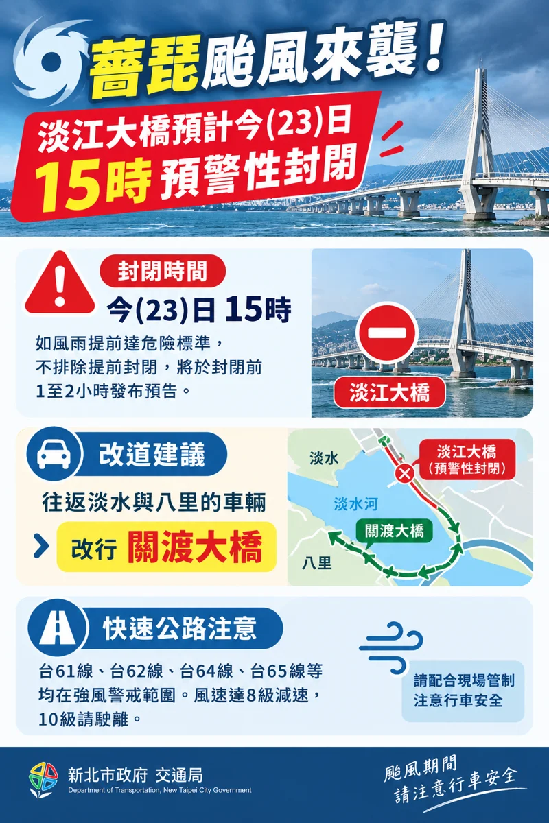 薔琵颱風逼近！淡江大橋今下午15時預警性封閉 淡水八里改道攻略必看