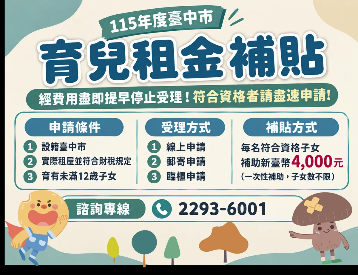 台中育兒租屋族快看!每名子女領4000元補助「經費將用罄」申請懶人包
