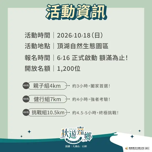 [必看] 2026秋遊嘉鄉步道健行！3大路線限量1200人，10/18齊聚大凍山賞雲海