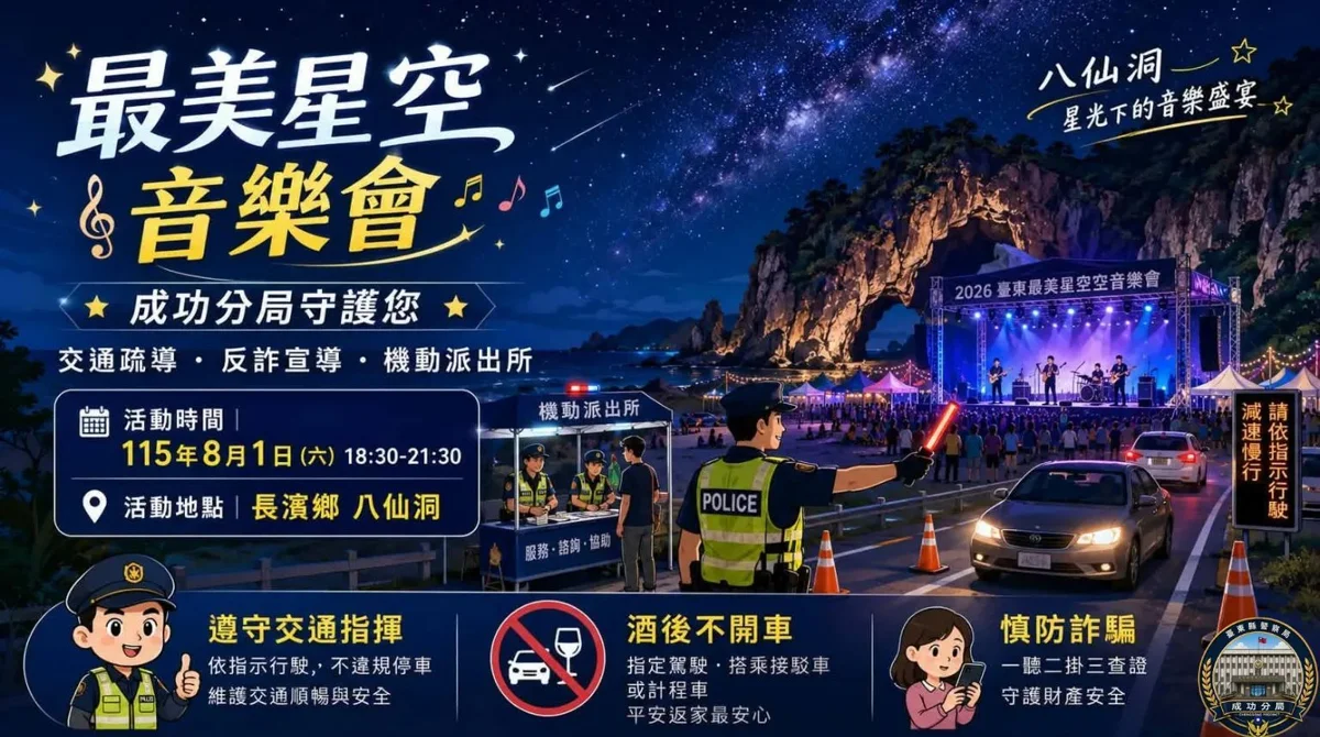 2026臺東最美星空音樂會週末八仙洞登場!成功分局設機動派出所護交安