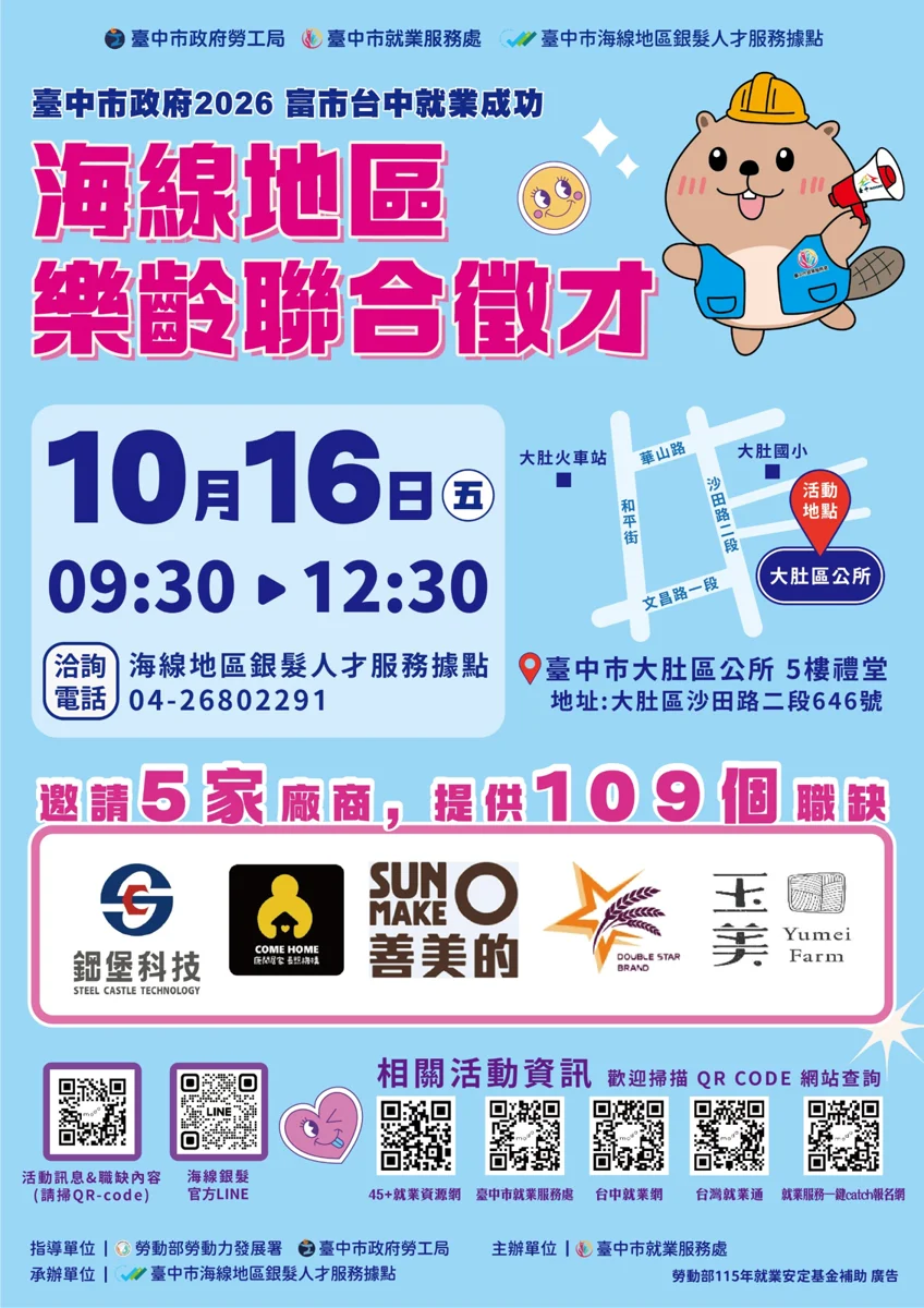 中高齡找工作看過來!台中海線樂齡徵才10/16大肚區公所釋出百大職缺